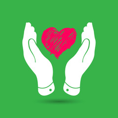 Doodle heart in flat hands icon - vector illustration