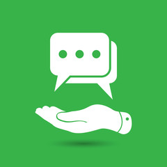 flat hand showing chat icon on the green background