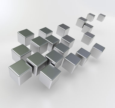 Floating metallic cubes on white