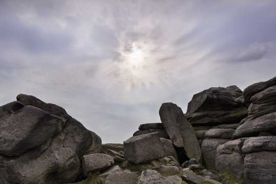Millstone grit rock formations at over owler tor in the peak district;Hathersage peak district england