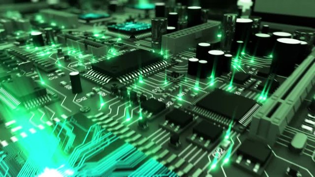 Beautiful 3d animation of the Motherboard with Moving Green Flares and Working Processors in Close-up Seamless. DOF Blur. Looped Flight over the Circuit Board. HD 1080.