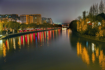 Fototapeta na wymiar Grand Canal Buildings NIght Reflection Hangzhou Zhejiang China
