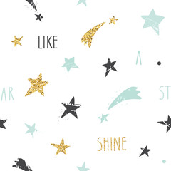 Fototapeta na wymiar Cute funny seamless pattern background with hand drawn stars and inspirational handwritten quote Shine Like A Star. Glitter, pastel blue and black sparkles isolated on white.