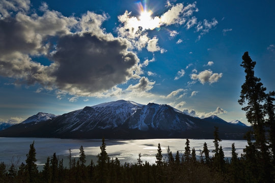 Frozen tagish lake and mountains;Carcross yukon canada