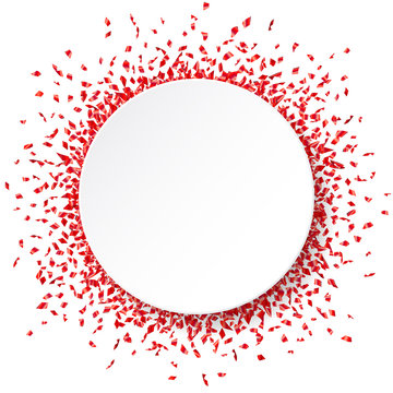 White Round Paper Banner On Shiny Red Confetti Background. Vector Illustration.