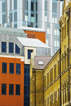 Buildings with a variety of facades, Spitalfields; London, England
