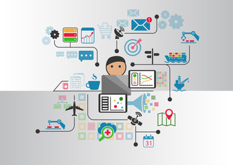 Industrial internet or industry 4.0 vector background with person controlling connected objects from notebook