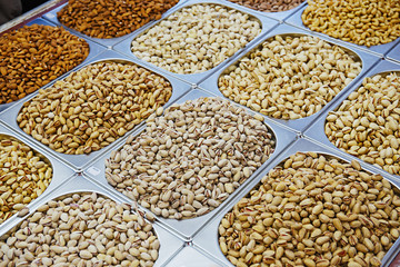 various pistachios on display in the store