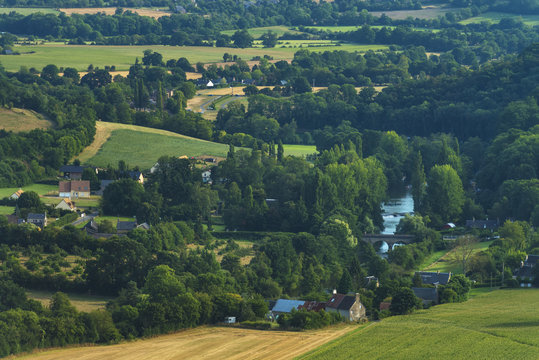 Looking down on the Orne River and Le Vey; Clecy, Swiss Normandy, Normandy, France