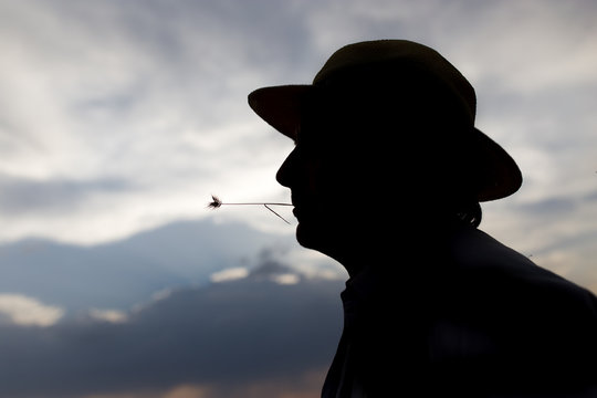 silhouette of a man with a hat on sunset background