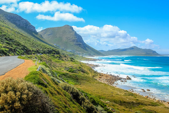 The scenic Misty Cliffs a little village between Kommetjie and Scarborough in Cape Peninsula, South Africa. Misty Cliffs, as its name says, is famous for its misty cliffs in stormy and windy days