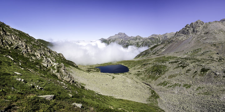 
Panoramic view of glacial lake with foggy mountain background on the top of the Kackar Mountains