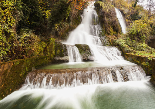 Waterfalls from the Edessaios river with autumn coloured foliage; Edessa, Greece