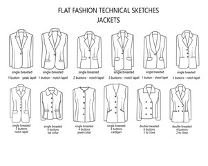 Flat fashion sketch template - Man suit jackets library - Technical and industrial collection of man's jackets

