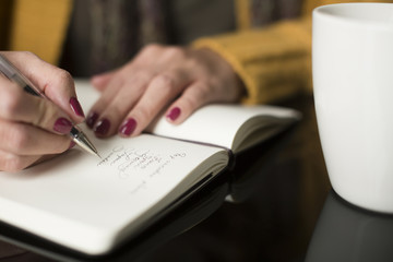 Woman writing thoughts in a journal; Toronto, Ontario, Canada