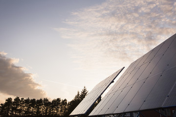 Solar panels in a field against cloudy sky