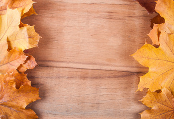 Yellow autumn leaves on wood 