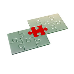 Silver Jigsaw pieces - One Red connected,3D rendered