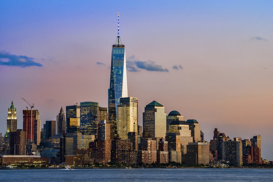 World Trade Center and Lower Manhattan at sunset as viewed from Hoboken, New Jersey; New York City, New York, United States of America