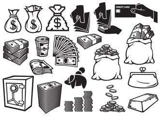 money icons set (finance or banking symbols, bag with coins, safe, bullion, banknotes roll, credit card, old purse)