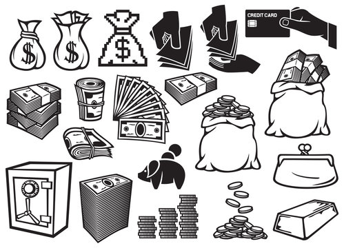 money icons set (finance or banking symbols, bag with coins, safe, bullion, banknotes roll, credit card, old purse)
