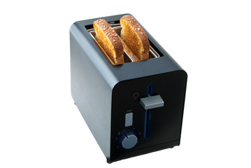 Matt black toaster with two slices of bread, isolated on white background.