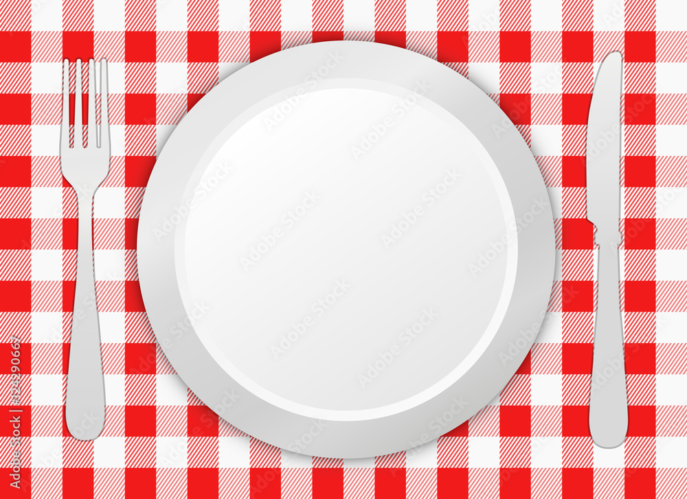 Poster Fork, knife and plate on tablecloth 