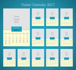 Poster Calendar for 2017, Week Starts Monday, Vector Stationery Design Print Template