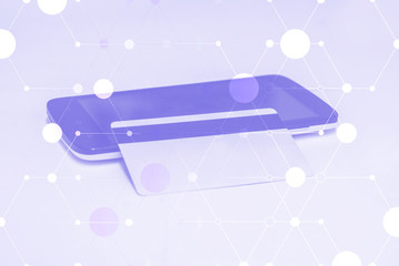 Payment for services. Wireless connection background. Credit card and mobile phone on the table.