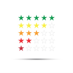Set of red, orange, yellow and green rating stars isolated on white background, vector illustration