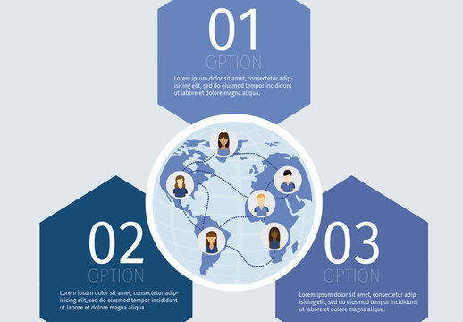 Global Business Network Infographic with Hexagonal Layout