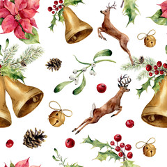 Watercolor christmas seamless pattern with deers and decor. New year tree ornament with deer, bell, holly, mistletoe, poinsettia, orange slice, pine cone and bow for design, print or background