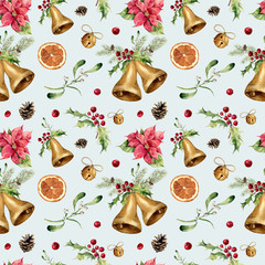 Watercolor christmas seamless pattern on blue background. New year tree ornament with bell, holly, mistletoe, poinsettia, orange slice, pine cone and bow for design, print or background