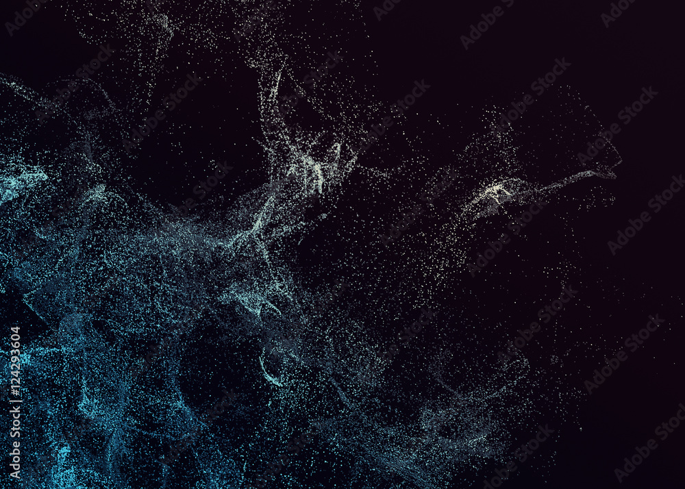 Poster abstract 3d rendering of chaotic particles. flying cubes in empty space. dynamic shape. futuristic b