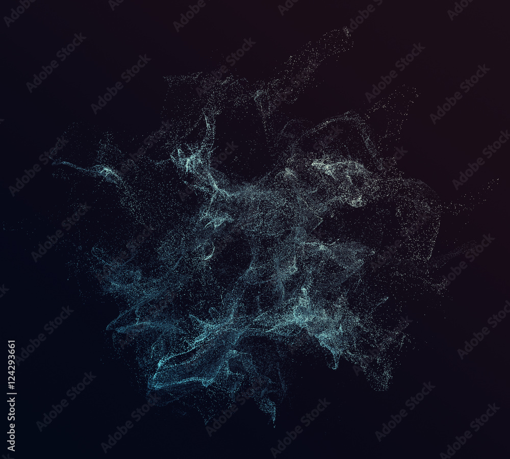 Poster abstract 3d rendering of chaotic particles. flying cubes in empty space. dynamic shape. futuristic b
