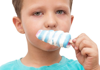 boy eating ice cream on a white background