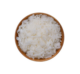 rice in wooden bowl on white background