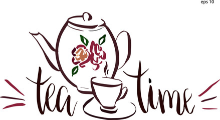 Tea time lettering in vector. Cup with swirl design elements and retro teapot with flower. Hand-drawn artistic illustration for design.