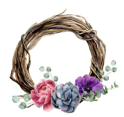 Watercolor hand painted floral wreath of twig. Wood wreath with baby eucalyptus, silver dollar eucalyptus branch, peony, anemone flower and succulent. Flower illustration for design and background