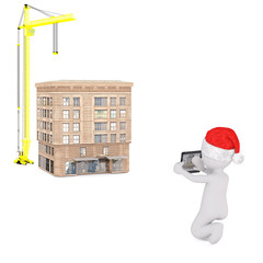 3D figure in hat kneeling by building and crane