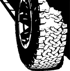 Burly tire with high tread detailed black and white illustration