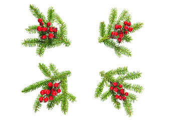 Christmas tree branches red berries decoration Flat lay