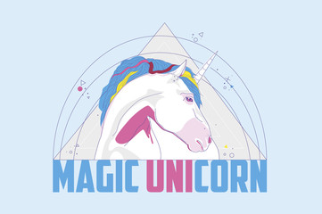 The head of a horse or in a triangle with the addition of all the fine lines and words magic unicorn. Vector illustration. Print design. Color background or wallpaper