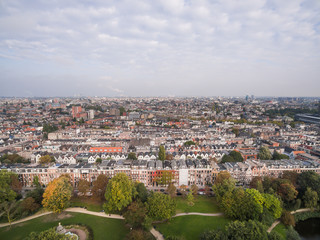 Aerial view of Amsterdam city roofs beside Sarphati park 