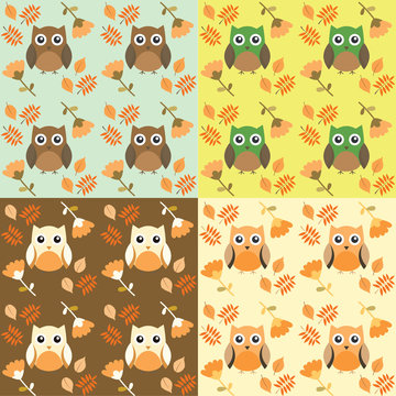  vector texture owls with autumn leaves