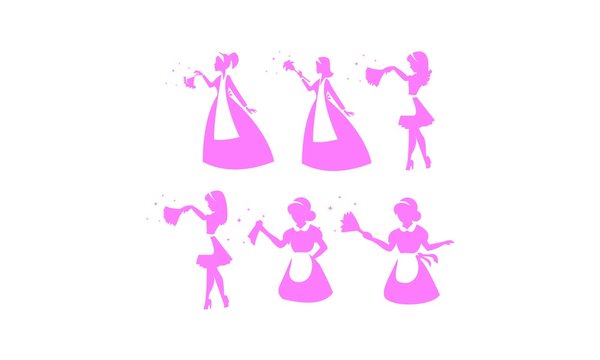  Set of Madam Cleaning Broom Logo Icon