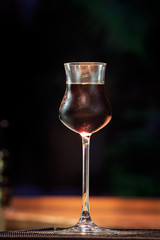 Jagermeister on the bar stand. Concept of digestive