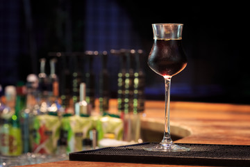 Jagermeister on the bar stand. Concept of digestive