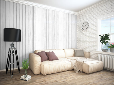 Modern bright interior . 3D rendering