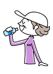 スポーツ：水分補給するシニア女性
